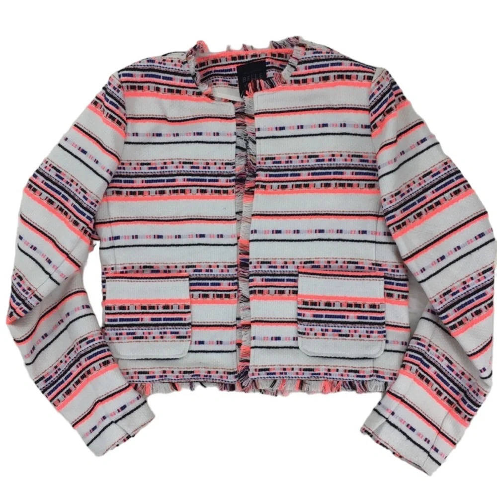 Belle Vere Tweed Fringe Open Front Blazer Jacket New